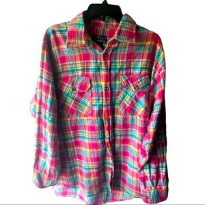 Women pink blue in white plaid. Size Large. Rio button up shirt 100%cotton